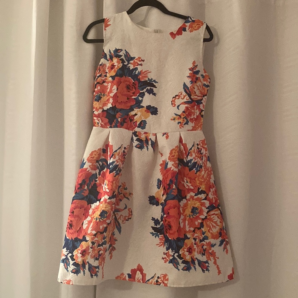 White with floral print knee length dress